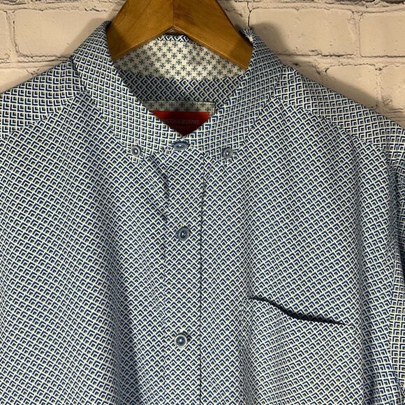 Johnston & Murphy Performance Shirt Large Blue Geometric Button Down Flip Cuff - Picture 4 of 8